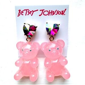 Betsey Johnson Large Gummy Bear Pink Iridescent Crystal Heart Earrings NWT
